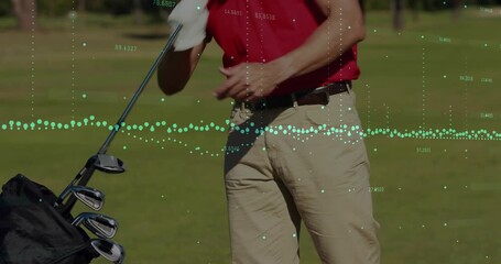 Animation of data processing over male golf player on golf course - Powered by Adobe