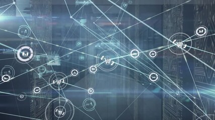 Animation of network of connections and data processing over computer servers - Powered by Adobe