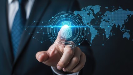 Businessman touching virtual screen with fingerprint scan and global map.
