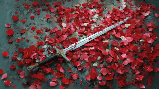Ornate sword resting among vibrant red rose petals