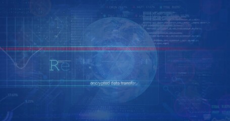 Animation of interface with data processing over globe against blue background - Powered by Adobe
