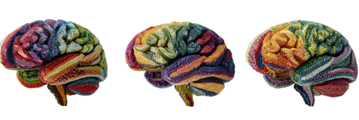 Colorful brains, depicted in profile, arranged in a row