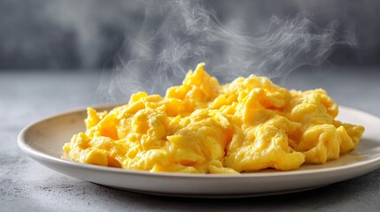 Minimalist breakfast plate with softly scrambled eggs, pure white ceramic dish, neutral stone background, gentle morning window light, subtle steam, clean composition with generous copy space