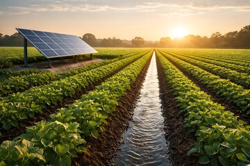 Solar-Powered Smart Agriculture Field at Sunrise with Irrigation Channel, Renewable Energy Panels Supporting Sustainable Farming and Eco-Friendly Food Production