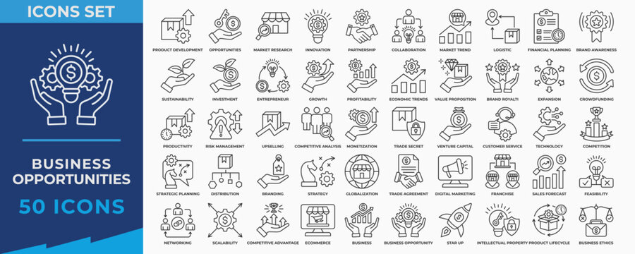 Business opportunities icon collection set. Containing innovation, entrepreneur, investment, market, strategy, networking, product development, technology icon. Simple line vector illustration.
