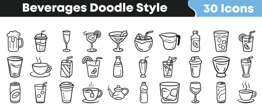 A comprehensive set of thirty hand drawn doodle style icons representing various popular beverages in black and white outlines