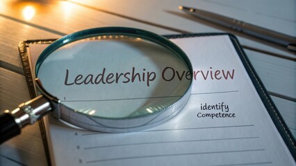 Detailed Leadership Overview with Magnifying Glass and Notes for Identifying Competence and Skills Evaluation