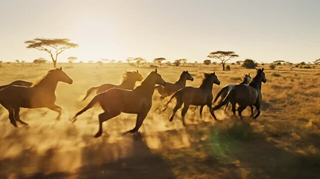 Horses galloping across a golden field in the warm glow of the setting sun, silhouettes against the sky