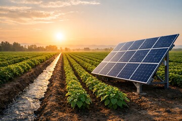 Solar-Powered Smart Agriculture Field at Sunrise with Irrigation Channel, Renewable Energy Panels Supporting Sustainable Farming and Eco-Friendly Food Production