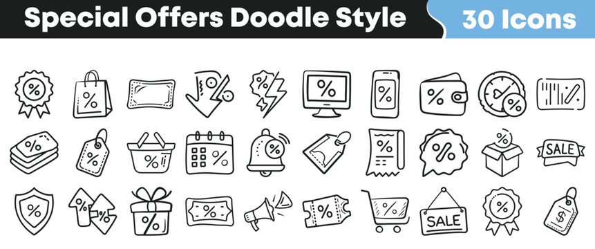 Collection of thirty hand drawn doodle style icons representing various concepts related to special offers discounts and retail sales promotions