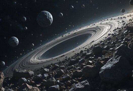 A breathtaking view of a ringed planet with an asteroid field and distant celestial bodies in space. astroid belt 