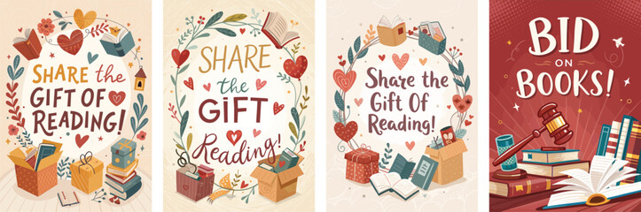Book fair auction creative poster bold greeting featuring gifts and reading