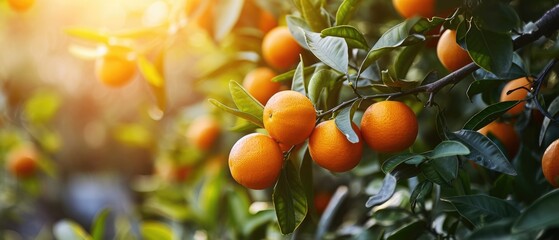 Fresh citrus branches with organic ripe fresh oranges tangerines growing on branches with green leaves in sunny garden