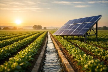 Solar-Powered Smart Agriculture Field at Sunrise with Irrigation Channel, Renewable Energy Panels Supporting Sustainable Farming and Eco-Friendly Food Production