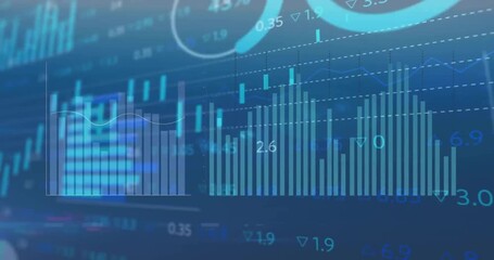 Animation of financial data processing over grid on blue background - Powered by Adobe