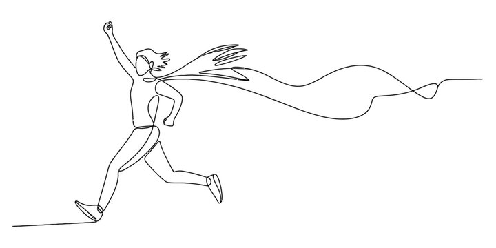 A continuous line art drawing of a superhero person running with a flowing cape and raised fist Vector, illustration