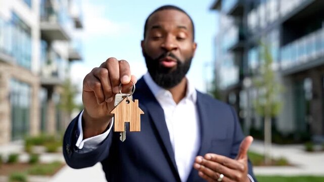 Keys to a Dream Home: A man, dressed in a sharp suit, enthusiastically showcases keys with a house-shaped charm, representing the promise of a new beginning and the realization of a dream home. 