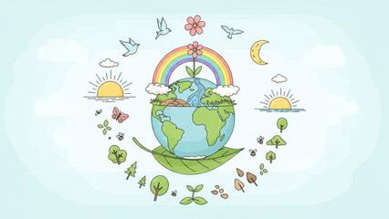 Naklejka premium Earth surrounded by leaves flowers butterflies birds rainbow and sunny sky with clouds and crescent moon eco friendly symbol with ecology and environment