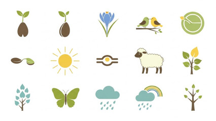 Naklejka premium A colorful collection of eco friendly icons featuring plants animals and weather symbols on a white background for sustainable and environmental concepts
