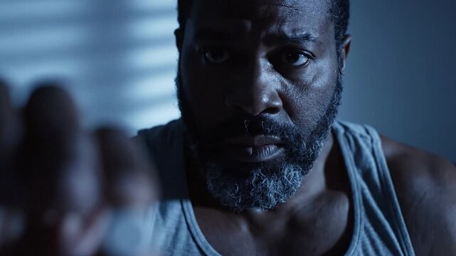 A Moment of Determination: A man extends a hand forward, conveying strength, resilience, and resolute purpose amidst a dimly lit environment.
