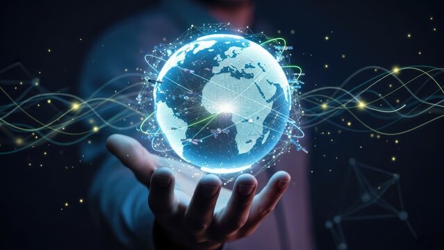 Hand holding glowing blue Earth globe with digital network connections. - Powered by Adobe