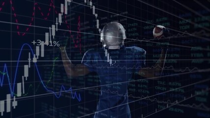 male football player standing back facing studio, showing holographic finance candlestick charts - Powered by Adobe