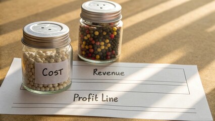 Clear glass jars filled with colorful items representing cost and revenue on a table with financial document in sunlight