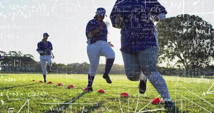 Softball team performing high-knee drills on field, showing floating formulas for sports education