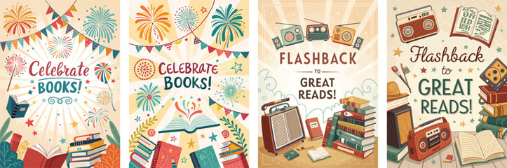 Nostalgic book fair flashback creative poster designs with classic elements and handwritten typography
