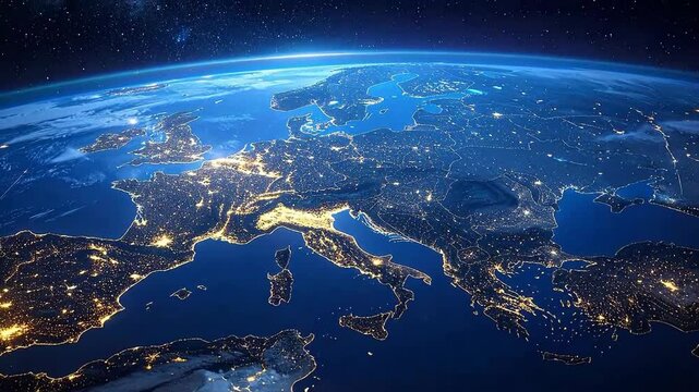Spectacular view of Europe from space at night, city lights illuminating the continent.