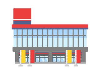 のぼり旗が並ぶ赤と紺色の家電量販店建物イラスト（文字なし）