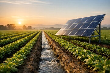 Solar-Powered Smart Agriculture Field at Sunrise with Irrigation Channel, Renewable Energy Panels Supporting Sustainable Farming and Eco-Friendly Food Production