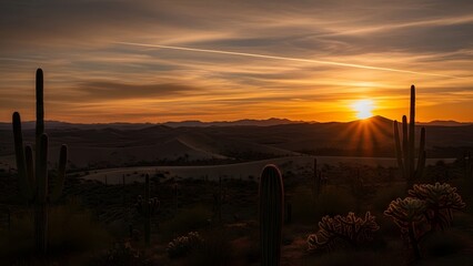 Breathtaking desert landscape at sunset featuring Saguaro cacti silhouettes, rolling sand dunes, and a jet contrail across a golden sky.
