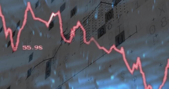 On data feed arriving, red line graph oscillating with blue streams, representing volatility