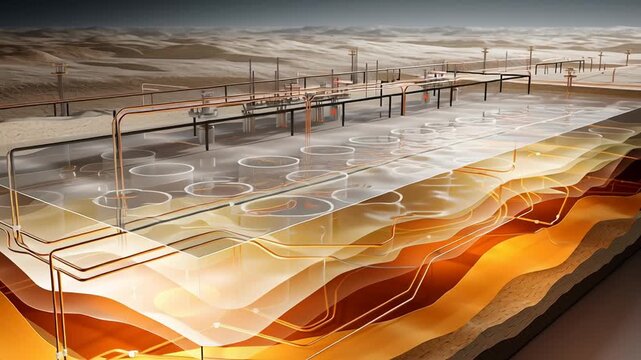 Strategic petroleum reserve visualization, abstract oil storage network beneath the surface, layered cutaway perspective, minimal and modern economic illustration