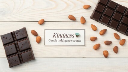 Elegant arrangement of dark chocolate, whole almonds, and a message highlighting the importance of kindness in daily life