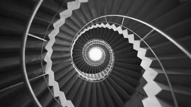 A Circular Staircase Ascends Creating a Captivating Play of Light and Shadow, Dramatic View