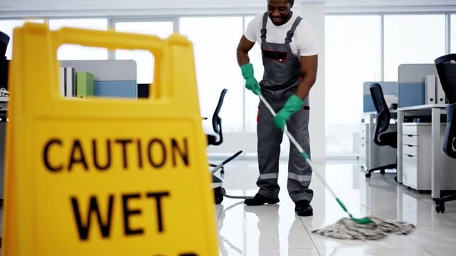 Office Cleaning Alert: A diligent janitor mops a gleaming office floor, beside a vibrant caution sign, highlighting the essential work.