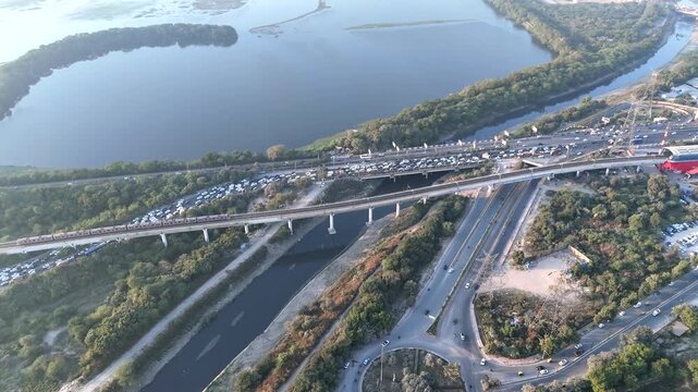 An Aerial Shot of Delhi Metro at Kalindi Kunj Bridge in Delhi, NCR, India