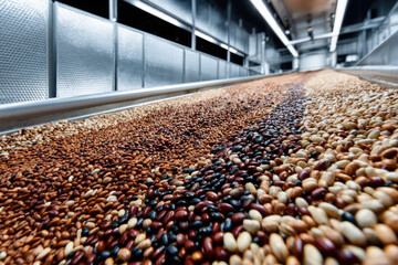 Natural grain distribution center with various beans and seeds arranged in rows on conveyor inside modern industrial facility, showcasing food processing efficiency