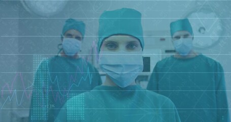 Animation of medical data processing over caucasian surgeons in face masks - Powered by Adobe
