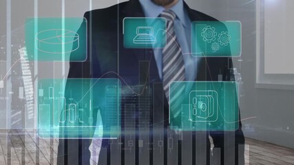 Animation of caucasian businessman over data processing
