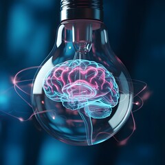 Glowing Light Bulb with Human Brain Inside Representing Creative Idea and Intelligence