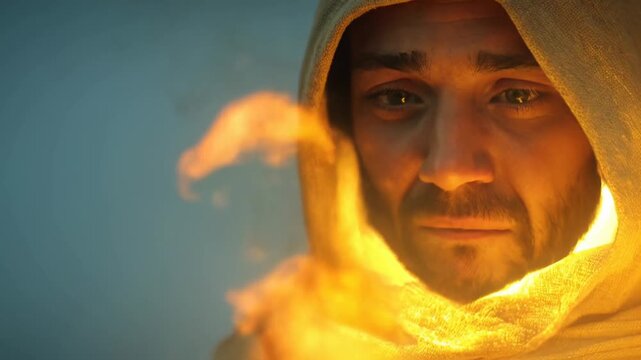 Dramatic biblical scene of moses and burning bush concept. Close-up of a man's intense gaze, symbolizing a divine encounter. 