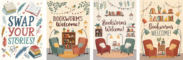 Creative book fair poster designs for bookworms with cozy reading nooks and decorative elements