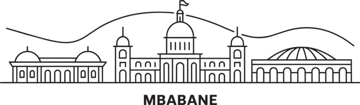 Mbabane city skyline panorama simple line drawing of government buildings and landscape