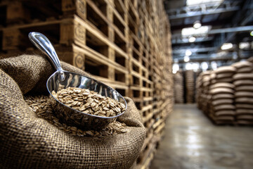 Obraz premium Natural grain stored in distribution center with burlap sacks and wooden pallets under industrial lighting, creating organized and efficient atmosphere for food storage