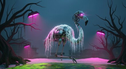 Obraz premium Surreal Flamingo in Dark Fantasy Landscape.