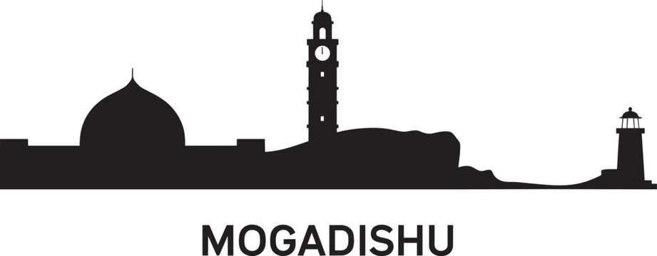 Mogadishu skyline silhouette vector featuring lighthouse and mosque architecture for branding