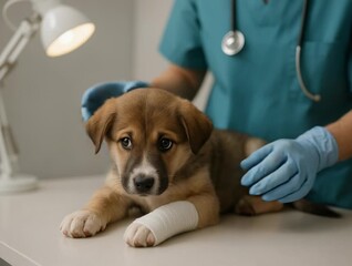 A sad puppy with a bandaged paw receives gentle care from a vet. The compassionate veterinarian provides comfort during the medical examination.